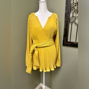 Anthropologie English Factory ribbed mustard long sleeve vneck belted top